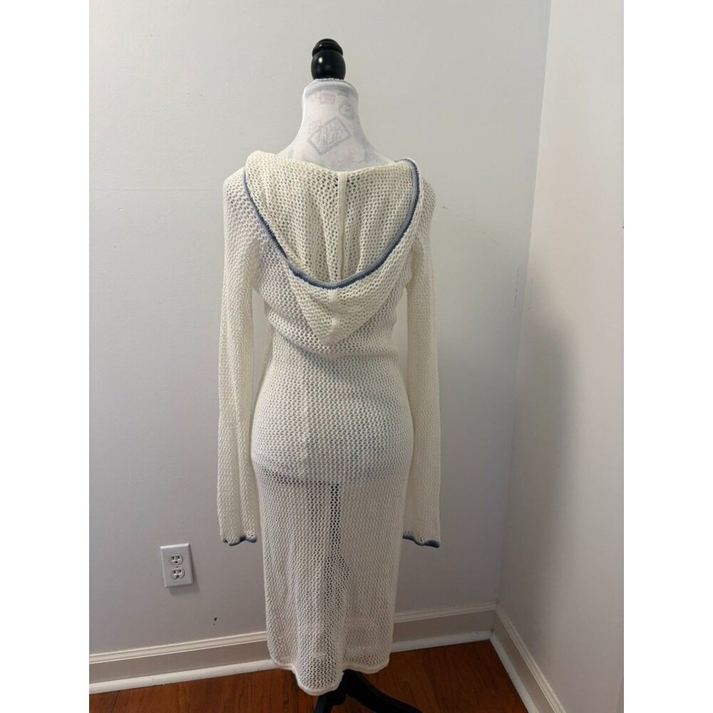 Tommy Bahama Womens S Crochet Knit Hooded Cover Up‎ Dress Cream Blue Beach Boho - Picture 3 of 4